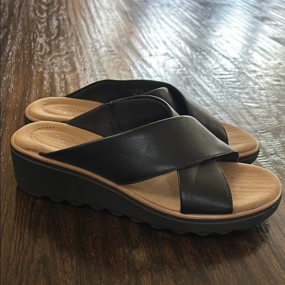 Clarks Black and Tan Sandals with Cross-Strap Design